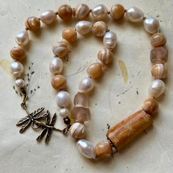 Statement  Necklace: Handmade :Pearls, Snail Shell beads, Sea glass - Picture 6 of 6